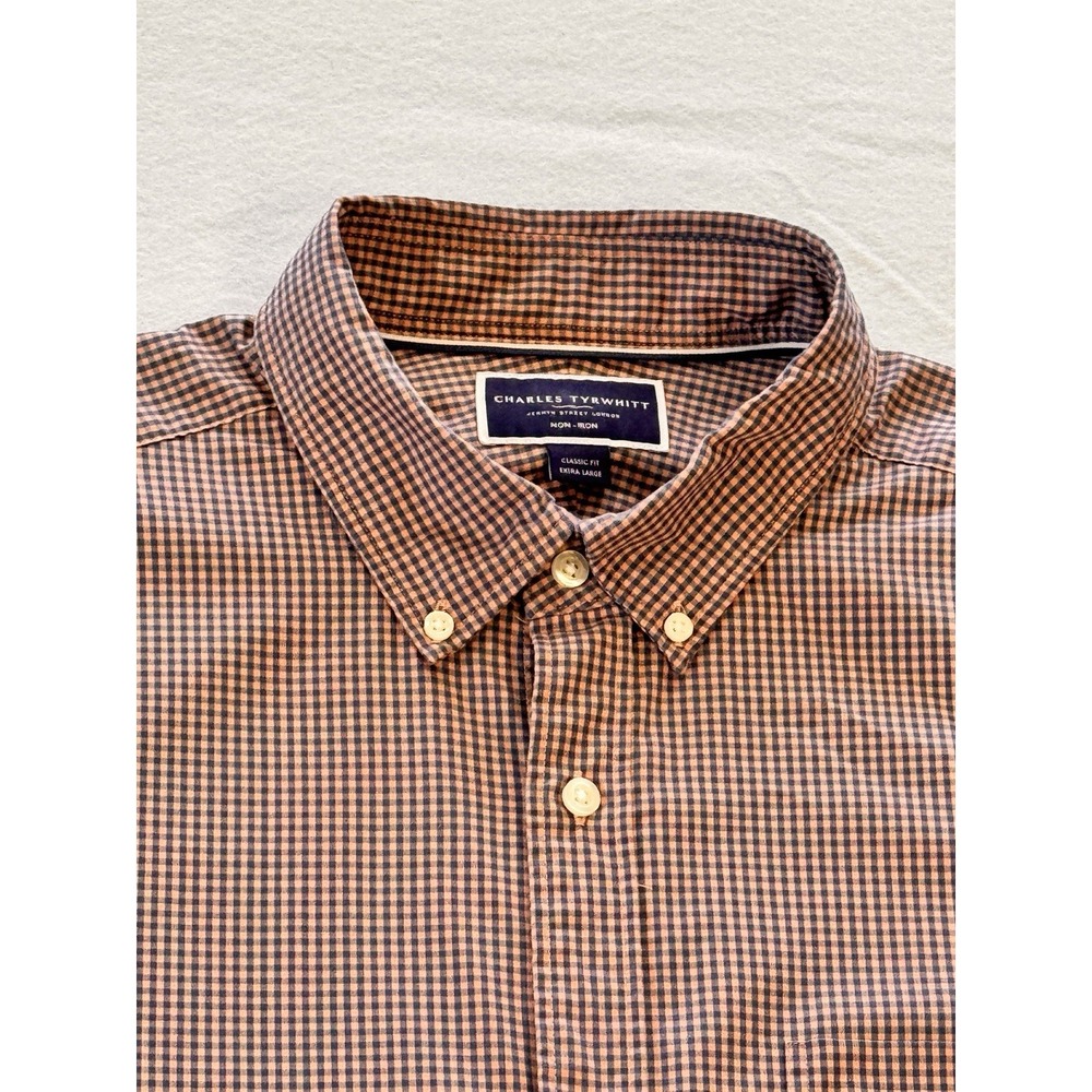Charles Tyrwhitt Shirt Men XL Blue Gingham Check Coral Blue Classic Fit Non Iron
